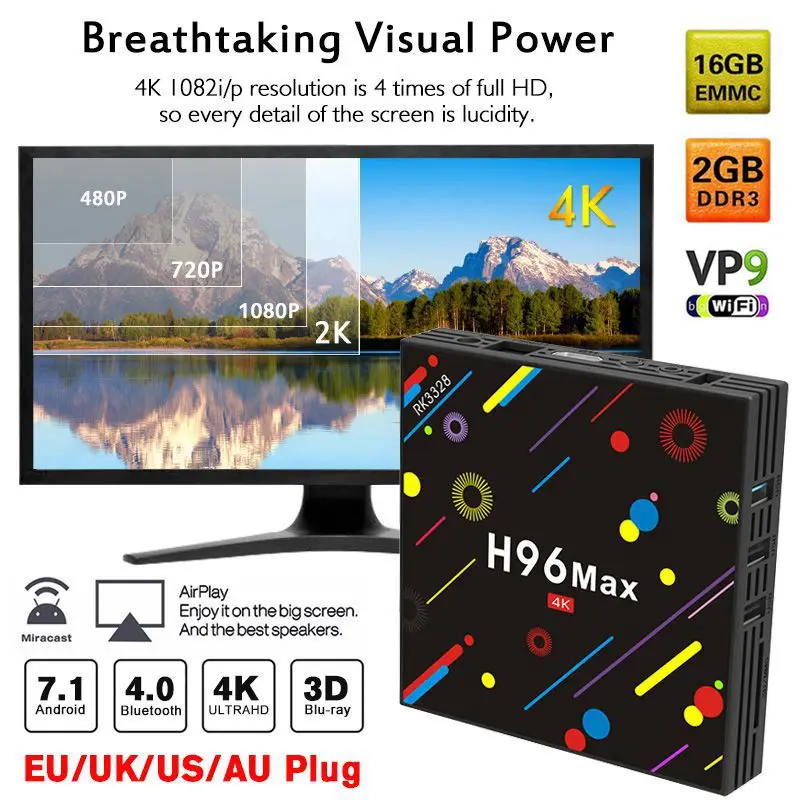 4+ 32GB Max H2 tv Box Четырехъядерный 4K Smart Wi-Fi Bluetooth 4,0 Top Box медиаплеер с Android 7,1 RK3328 чип