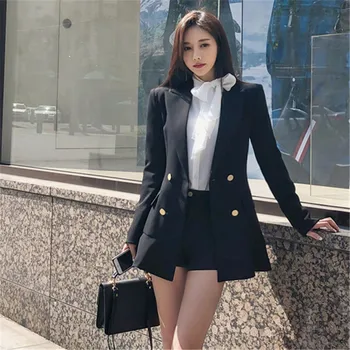 

black slim women blazer double breasted formal ruffles long jacket wear work office lady outwear suit coat autumn P718