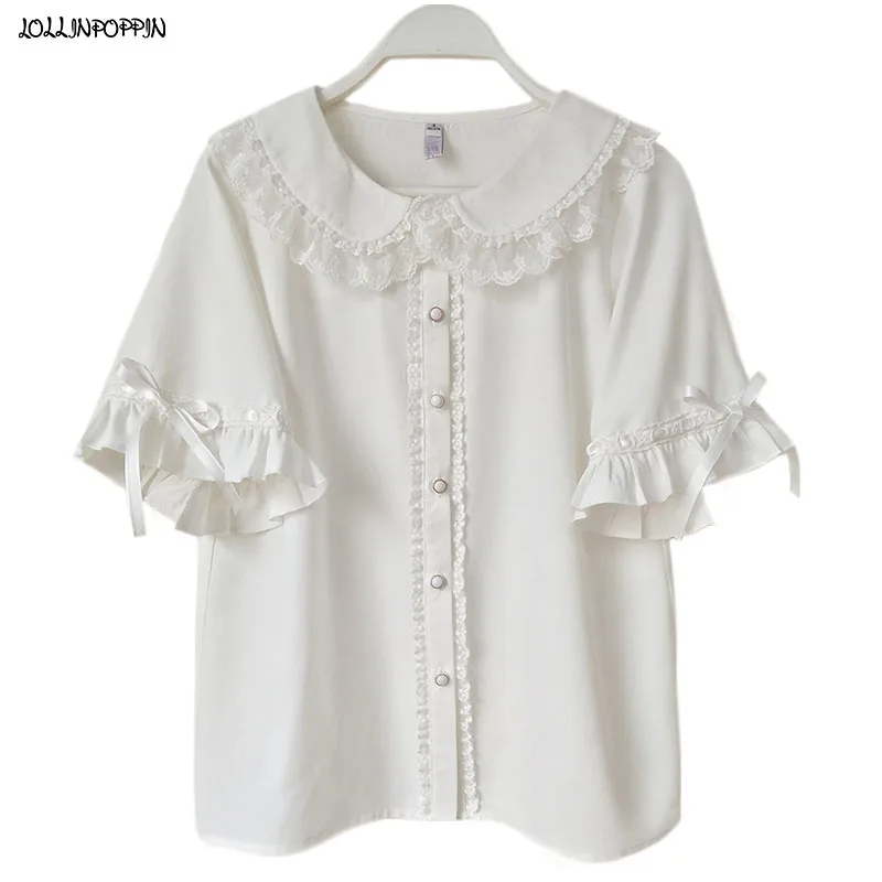 

Women Short Sleeve Lolita Shirt Peter Pan Collar 2021 New Ruffled Design Bow Cuffs Ladies Single Breasted Chiffon Blouse White
