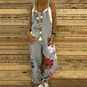 

Free Ostrich Women Loose Jumpsuit 2020 Summer Floral Print Strappy Bodysuit Backless Pocket Wide Leg Pants Romper