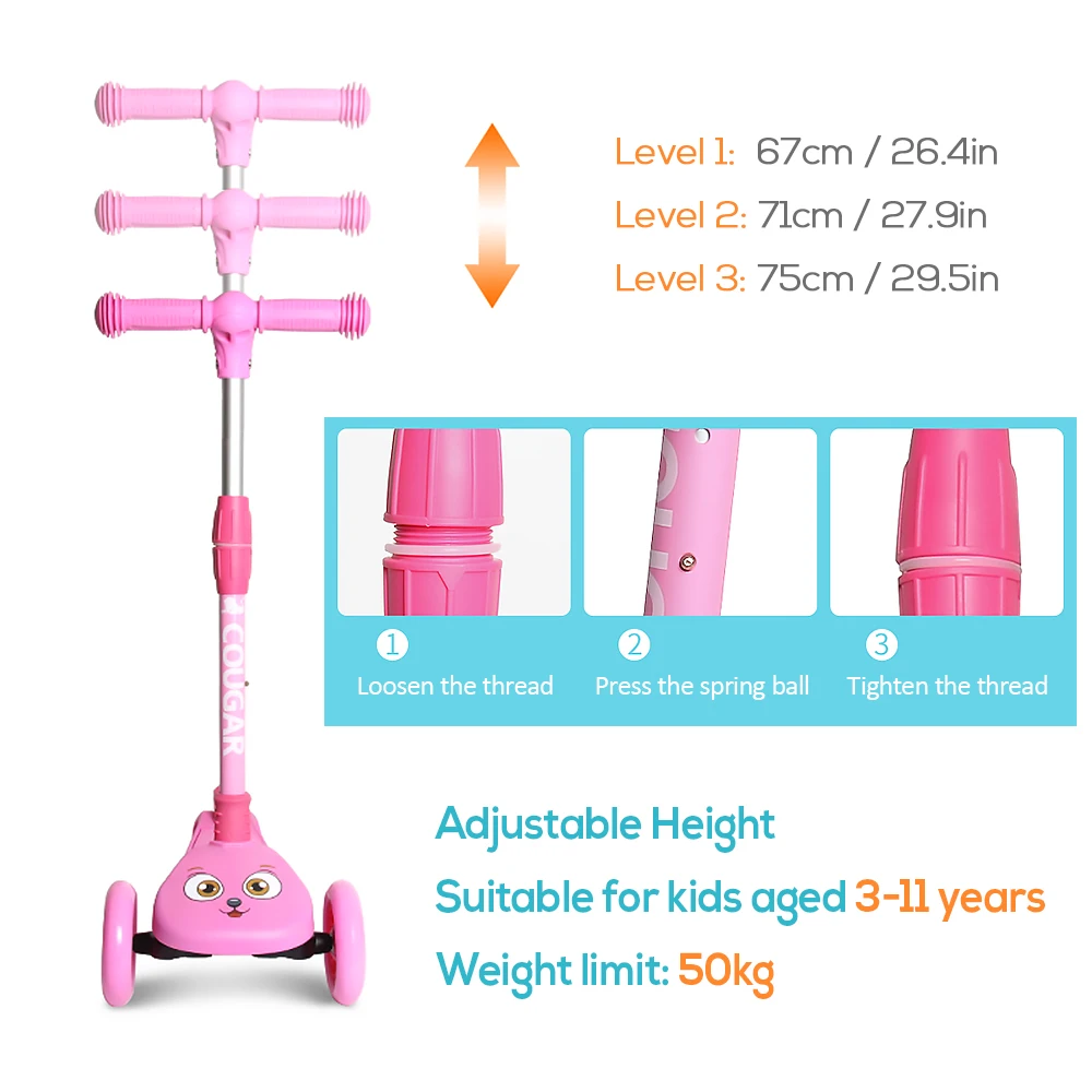 Folding Scooter with Light Up Wheels Adjustable Height for Kids Girls Boys Children Scooter Skateboard 3 Wheels