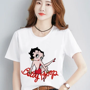

Women Streetwear White T-shirt Betty Boop Print Summer Casual O-neck Top Female Tshirt Harajuku Streetwear Plus Size Clothes