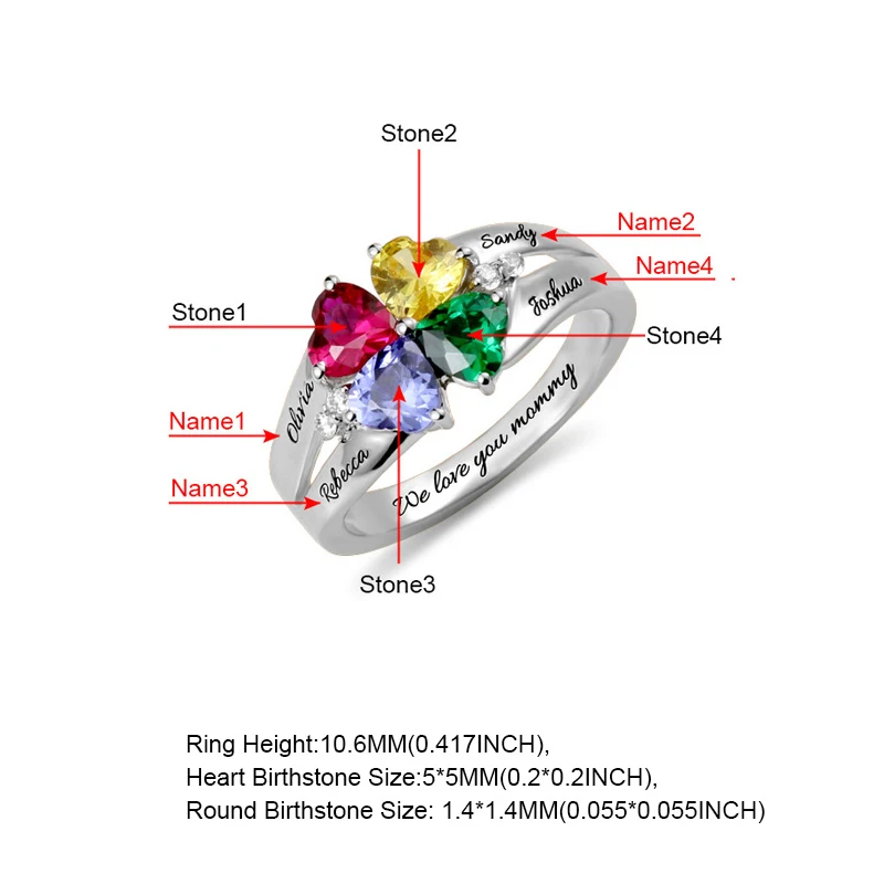 Xiaojing Персонализированные 925 пробы Серебряные Кольца На заказ камень-талисман в форме сердца кольцо с 2-5 именами ювелирные изделия для женщин подарок на день матери