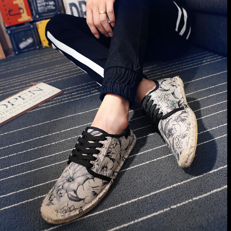 

Couples Canvas Shoes Printed Flax Comfortable Mid-top Breathable Cloth Shoes Korean-style Versatile Trend Ramie Sole Shoes