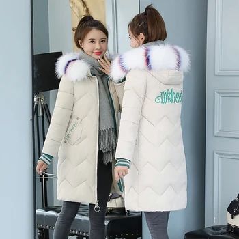 

Casual Letter Slim Medium Long Hooded Parka Coat Colorful Fur Collar Winter Jacket Women Warm Fashion Winter Parka 2020 New