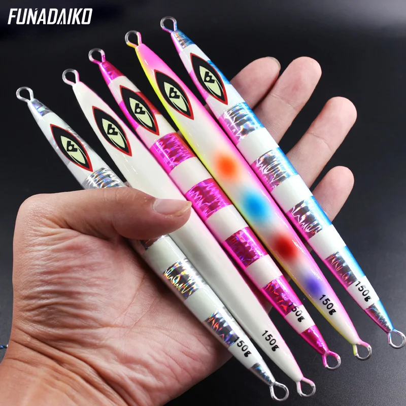 

FUNADAIKO Slow Metal Vertical Luminous Jigs 80g 100g 150g Speed Jigging Lure Saltwater Falling Fishing Jig Metal Lures Bait