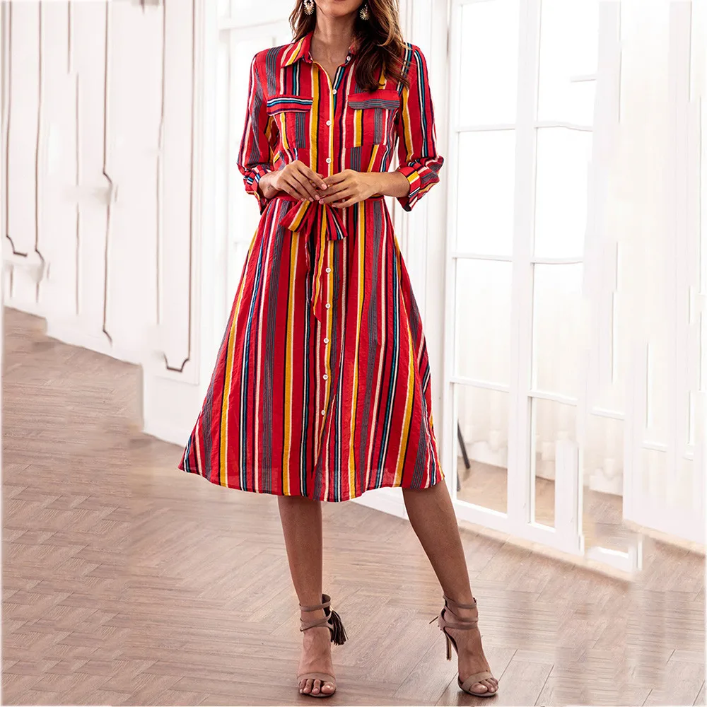 Женское платье boho, женское платье с длинным рукавом, в полоску, разноцветное, свободное, на пуговицах, Bohe, пляжное платье с поясом, вечерние платья# YB40