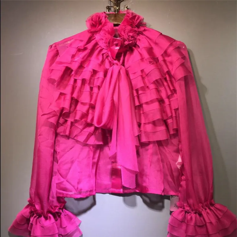 Винтажная однотонная блузка с оборками, женские розовые Топы с длинным рукавом и бантом, женские топы, летние офисные рубашки и блузки больших размеров