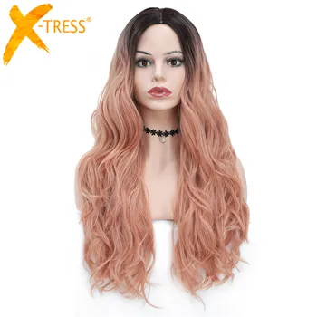 

X-TRESS Ombre Pink Orange Colored Synthetic Hair Wigs For Women High Temperature Machine Wig Hairstyle Long Body Wave Hair Wigs