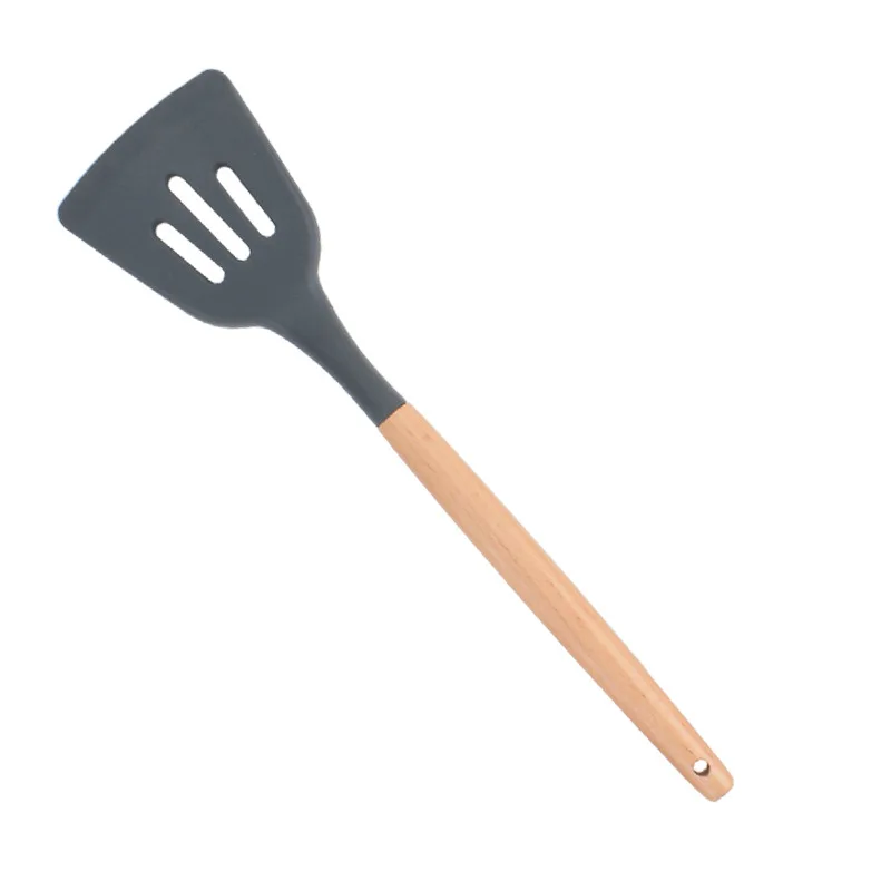 3 вида цветов силиконовые кухонные инструменты кухонные наборы суповая ложка лопатка антипригарная лопата с деревянной ручкой специальный термостойкий дизайн - Цвет: Slotted Turner Black