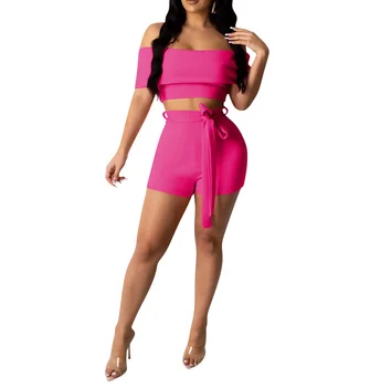 

2020 Women Tracksuit Two Piece Set Sexy Club Outfits with Belt Off Shoulder Top and Shorts Set Solid Sexy Ladies Tracksuit