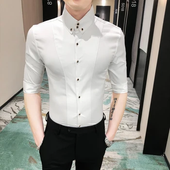 

Mens Middle Sleeve Shirt Solid Color Lapel Blouse Male Personality Party Dress Slim Shirts Summer New 2020