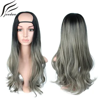 

jeedou Long Wavy Hair U/C Wig 24" 60cm Synthetic Black Brown Gray Mix Color More Comfortable to Wear Women's Wigs