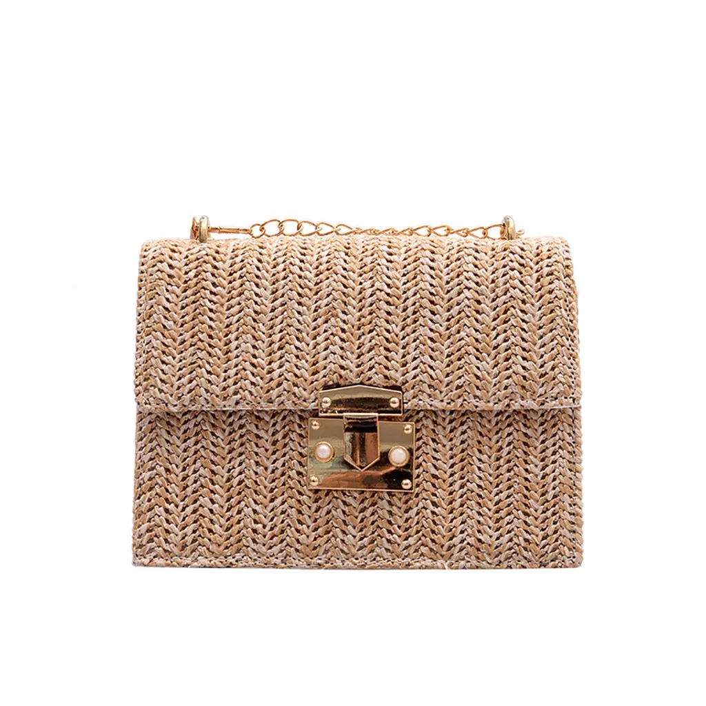

solid color Straw Women Hand-held Wild Straw Bag Fashion Chain Shoulder solid color bag over the shoulder Small Square Bag #ZD