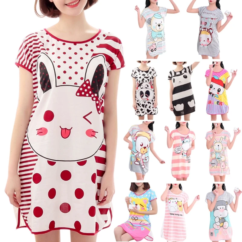 

Womens Summer Short Sleeve Lovely Cartoon Pattern Printed Sleepshirt Plus Size