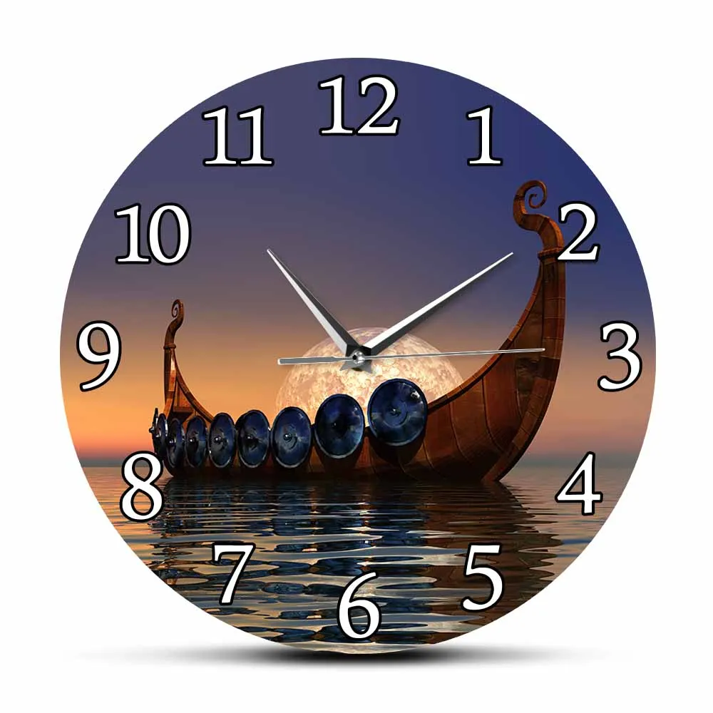Viking Boat Drakkar Model Boat Orologio Da Parete Al Quarzo Silenzioso Paesaggio Nordico Longship Fine Art Printed Clock Scandinavo Home Decor