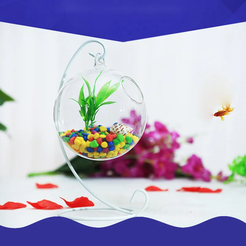 Настольная подвесная стеклянная аквариумная мини-трава, веселая Рыбка, прозрачная цилиндрическая миска для рыб, железный держатель для аквариума, аксессуары для аквариума, цветок