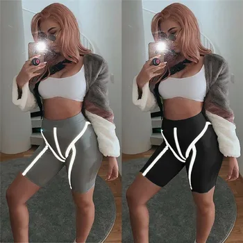 

Women Reflective Stripe Yoga Shorts Gym Cycling Biker Sport Running Tight Pants Spandex Leggings Knee Length Short Pants