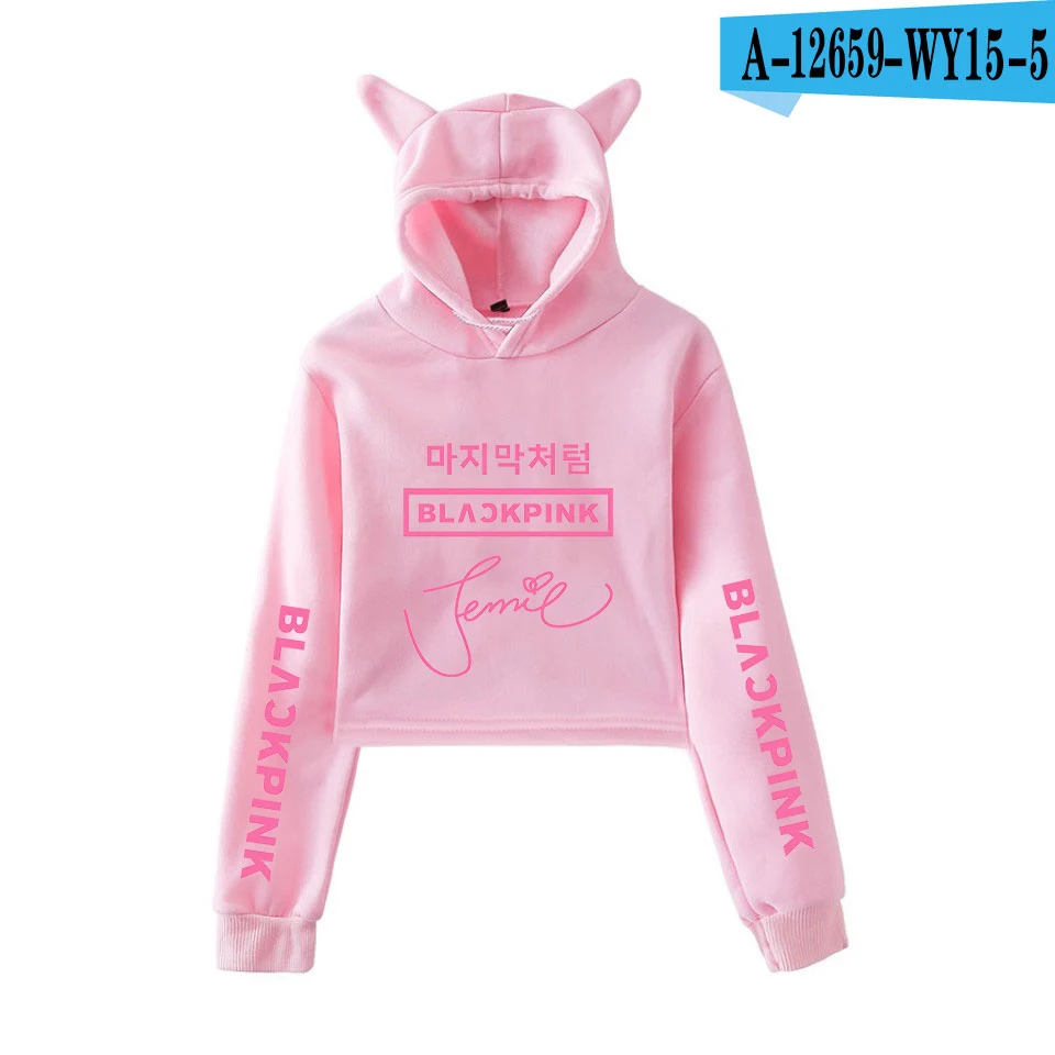 Blackpink kpop толстовка хлопковые толстовки с капюшоном для девочек, детские Для женщин печати Модный пуловер Шорты, рубашка, с украшением в виде кошачьих ушек Толстовка - Цвет: Pink