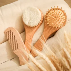 Peine de baño para bebé, cepillo de pelo para el cuidado del bebé, peine de madera de lana Natural pura, masajeador para recién nacido, cepillo para el cuidado del cabello, regalo para niños, 3 uds.