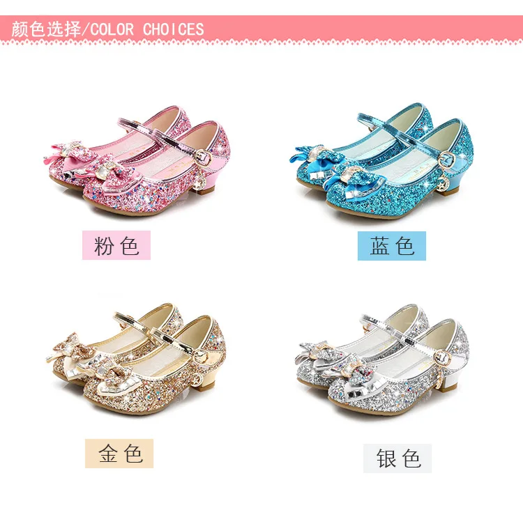 ULKNN Kids Leather Shoes for Girls Flower Casual Glitter Children High Heel 2021 Girls Shoes Butterfly Knot Blue Pink Silver children's sandals