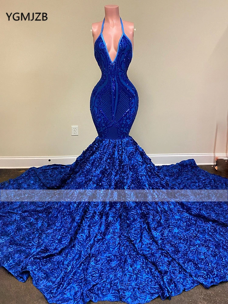 blue prom dresses Backless Royal Blue Long Mermaid Prom Dress 2020 3D Flowers Train Sparkly Sequin Halter V Neck African Black Girl Evening Gown purple prom dress