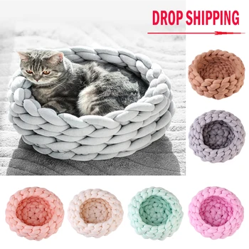 

Handmade Knit Cat Beds Mats Warm Soft Small Dogs Kennel Puppy Kitten Cave Basket Sleeping Bag Detachable DIY Pet House