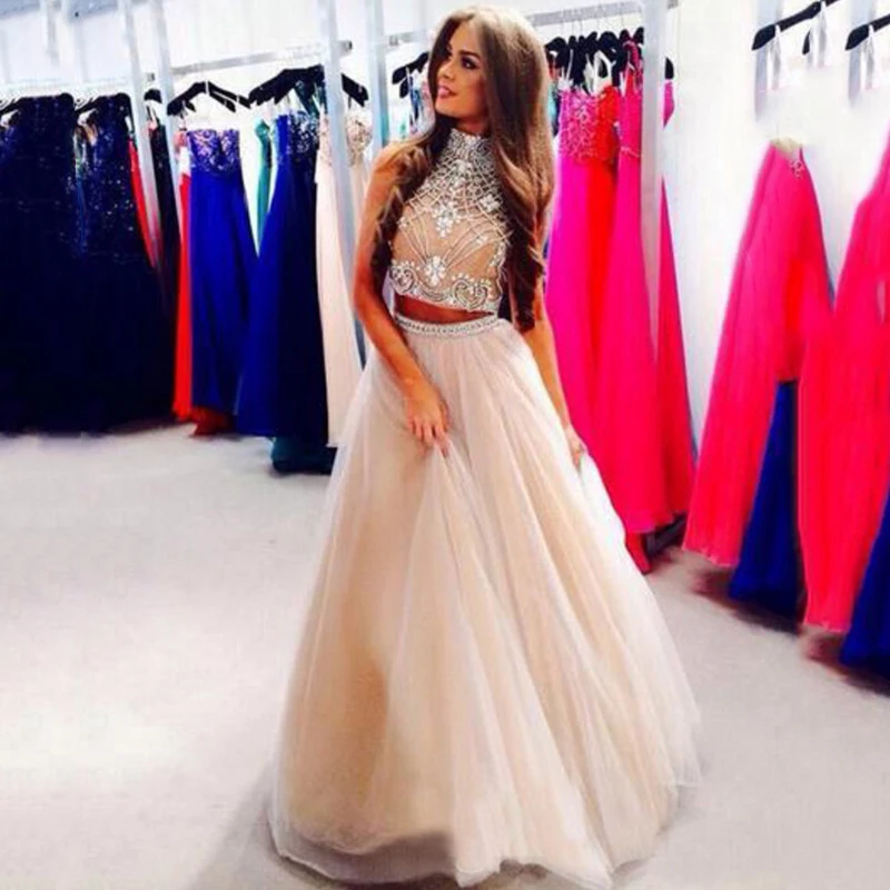 

2018 Sexy Two Pieces Prom High Neck Beaded Top Champagne Floor Length Formal Party Evening Gown mother of the bride dresses