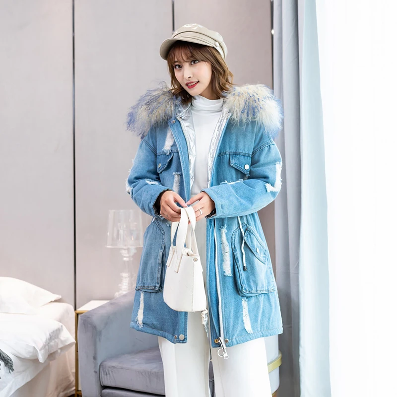 TWOTWINSTYLE винтажные Лоскутные деним с мехом хлопковые пальто женские с капюшоном воротник рукав высокая Талия куртки на кулиске женская мода