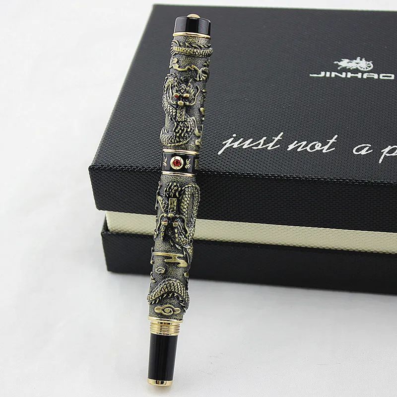 Jinhao, металлическая серая авторучка с двойным драконом, перьевая ручка иридиевая, средний перьевой наконечник, передовое ремесло, ручка для письма, подарочная ручка для бизнес-офиса выпускника