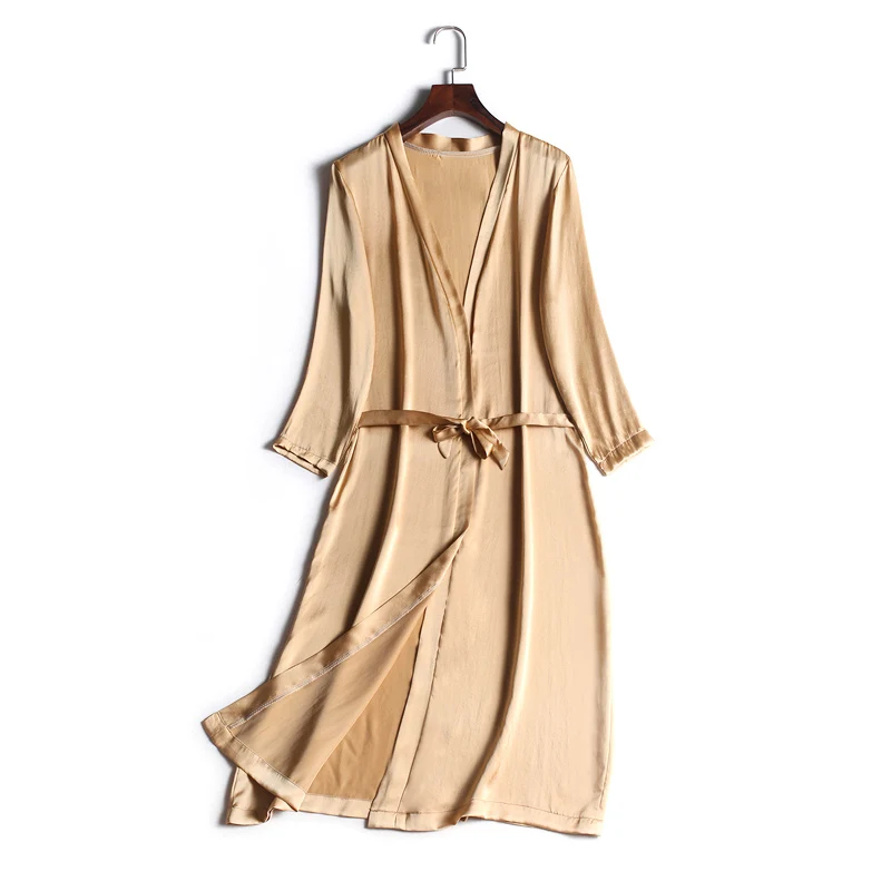 Gold Khaki Натуральный шелк женские халаты Шелковый Атлас до колен Халат Пояс здоровый сон одежда Осень черный белый цвет Шампань - Цвет: Gold Khaki