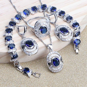 

Natural Blue CZ 925 Sterling Silver Jewelry Sets Bridal For Women Bracelets Earrings Stones Set Rings Pendant Wedding Necklace