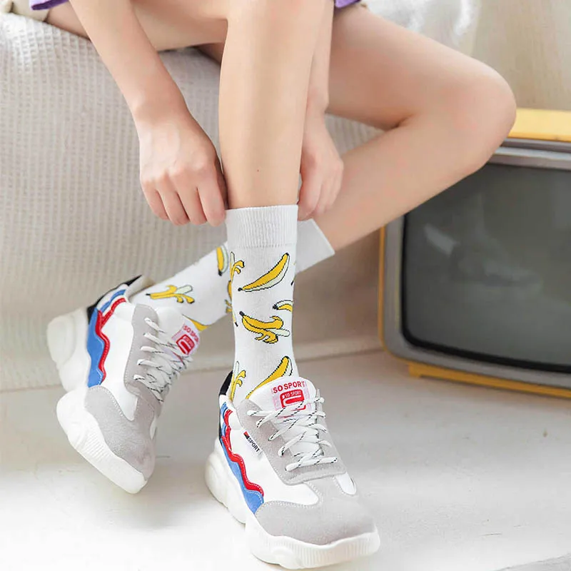 Креативные высококачественные модные Kawaii счастливые носки в стиле Харадзюку, женские забавные носки с принтом банана, фруктов, клубники, животных, носки с пламенем