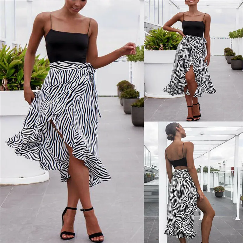 

Zebra-Striped Print Pleated Skirts Women 2020 Spring Summer Midi Long Korean Elegant High Waist Bandage Sun Skirt Female Clothes