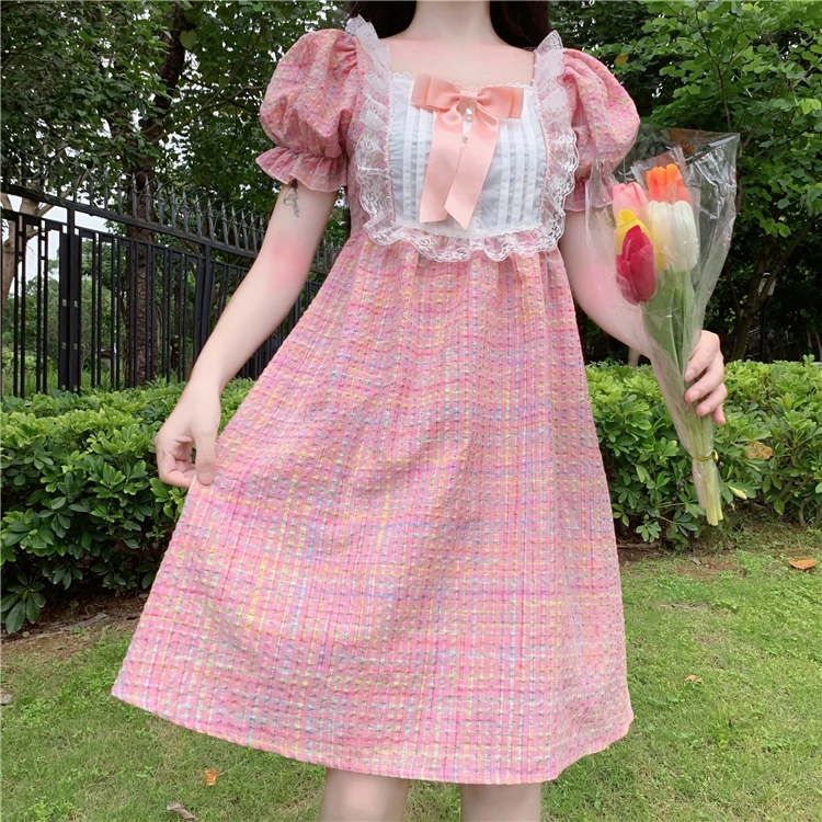 Japanese Summer Soft Girl College Style Dress Sweet Lace Square Collar Lace Bow Kawaii Puff Sleeve Dress Plaid Fluffy Dresses