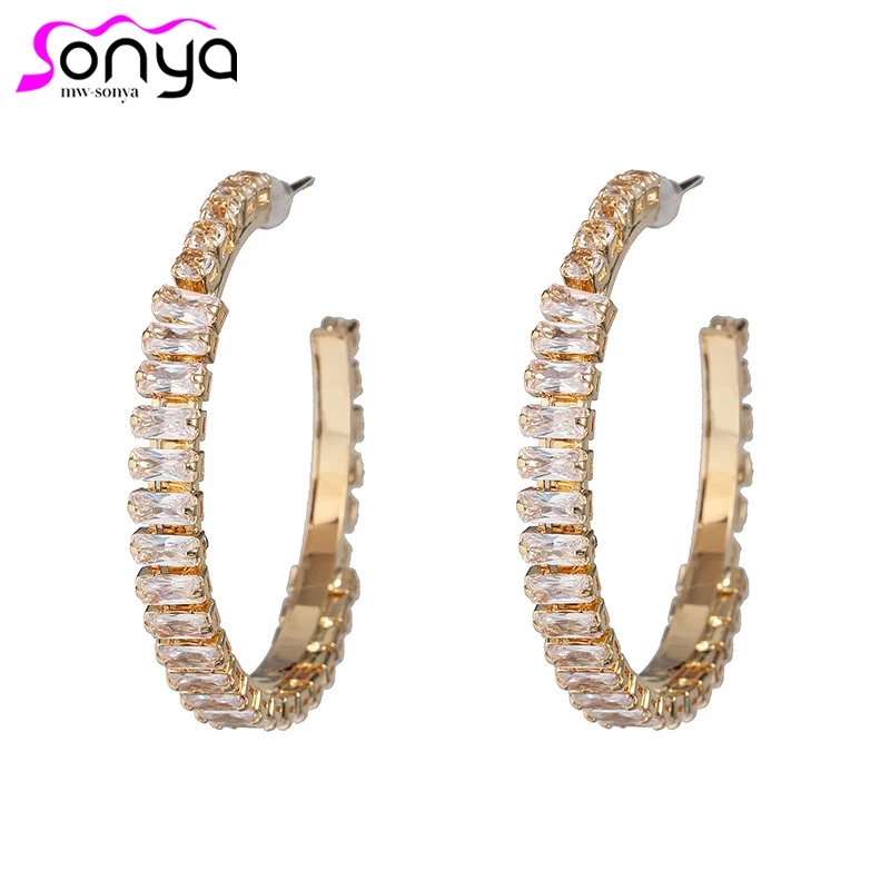

American Trendy Fashion Minimalism Alloy Rhinestone C Shape Hoop Earrings Female Shiny Earrings Accessories Gifts ET1349