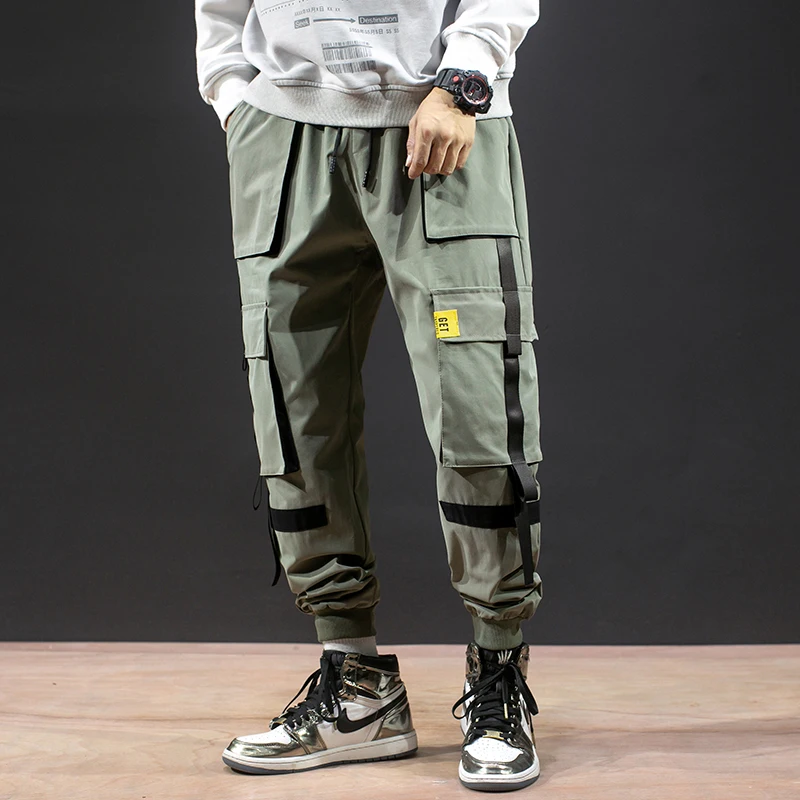 Дропшиппинг мужские японские Лоскутные карманные комбинезоны брюки осенние мужские уличные повседневные брюки мужские карго шаровары 3XL - Цвет: Green(AsianSize)