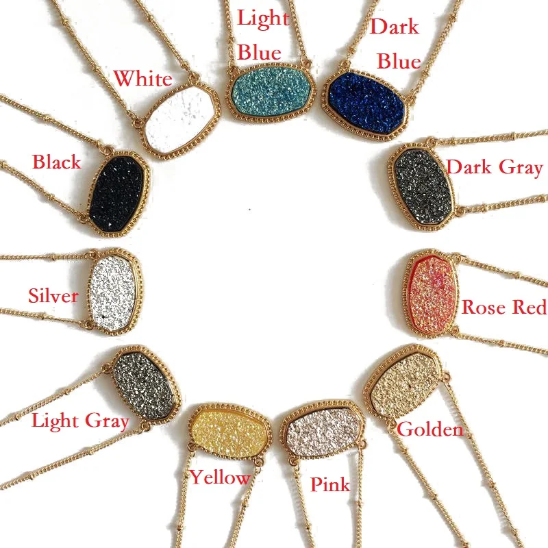 11 Colors Resin Drusy Hexagon Pendant Necklace Druzy Pendant Silver Gold Choker Statement Necklaces for Women Jewelry Gift