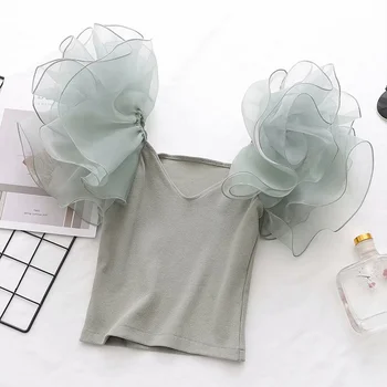 

women knitted mesh crop blouse v neck green patchwork short sleeve ladies blouses 2020 summer casual chic female sexy slim top