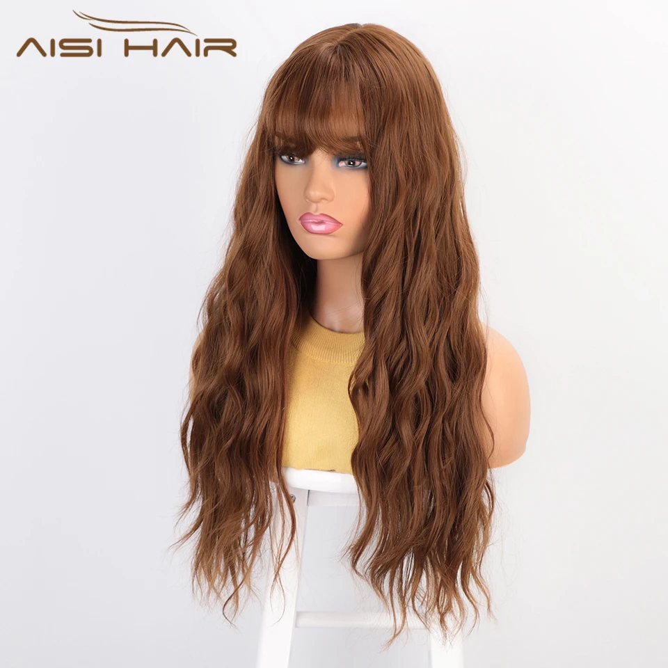 AISI HAIR длинный волнистый коричневый парик с челкой синтетические волнистые