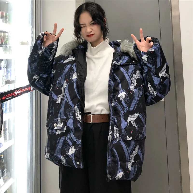 Woherb Harajuku куртки зимняя женская стеганая парка винтажный кран печати свободная японская стеганая куртка с капюшоном Femme Chaqueta Mujer