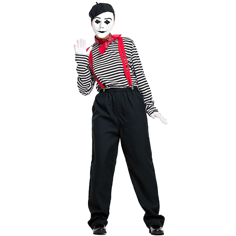 Umorden Unisex Mime Artist Costume for Women Men Black White Silent Actor  Suit Outfit French Mimic Clown Costumes