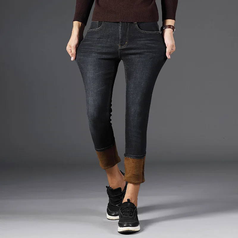 Теплые джинсы черного цвета, флисовые осенне-зимние джинсы, теплые флокированные джинсы, деловые повседневные Стрейчевые узкие джинсы, классические брюки