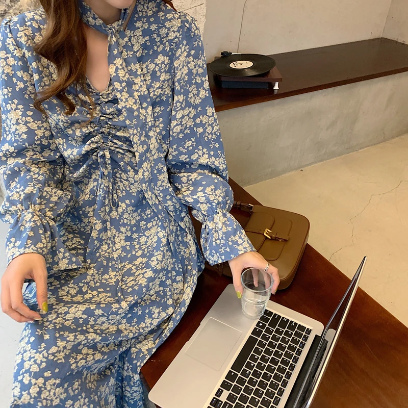 2020 New Autumn Female Chiffon Long Dress Women Long Sleeve Holiday Boho Beach Dress Vintage Floral Print Party Vestidos Robe