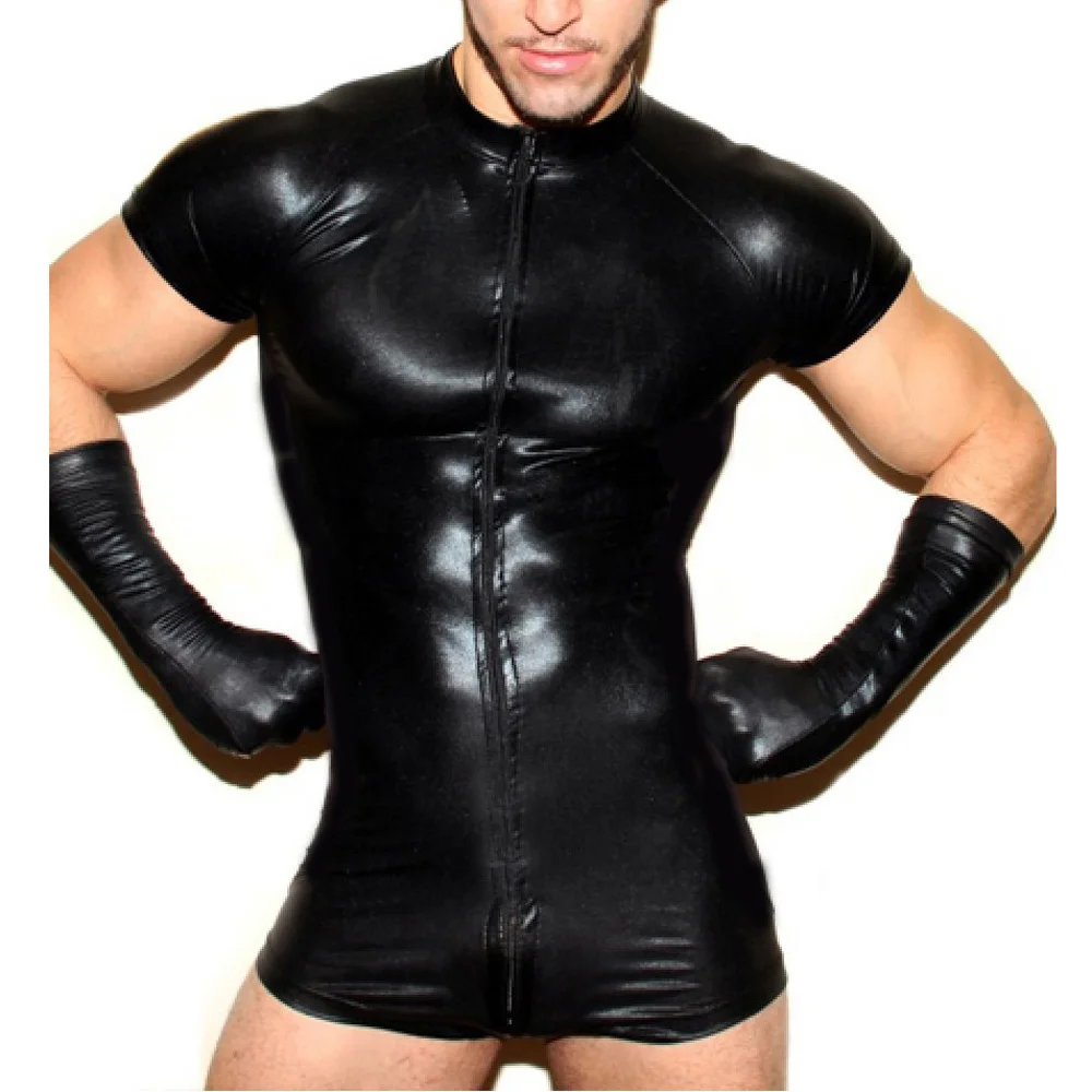 

Men rompers Black Sexy Leather Zip Bodysuit Short Sleeve Clubwear Jumpsuit solid color slim hollow out sleepwear