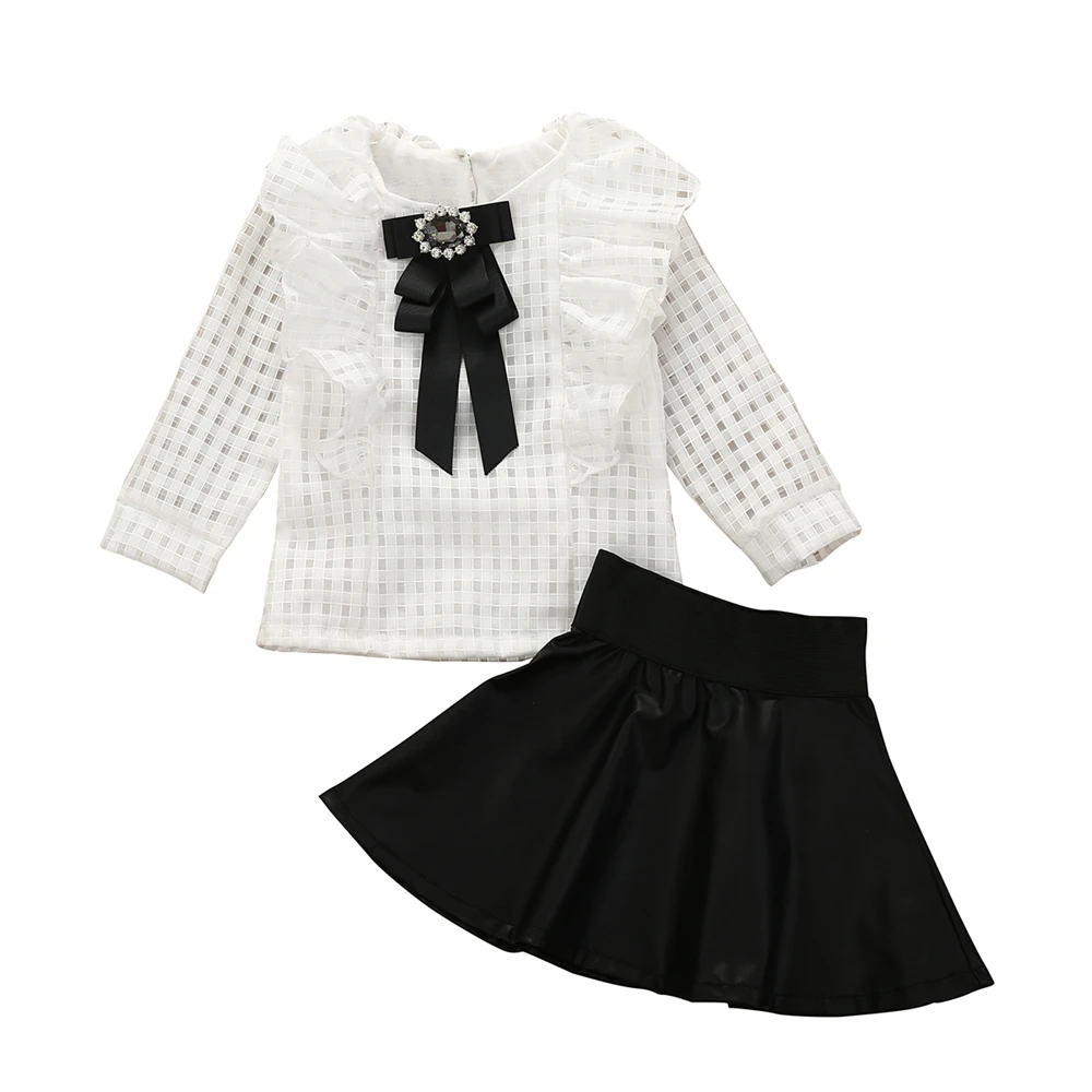 

Toddler Kids Baby Girls Outfits Suit White Lace Grid Top with Bow-Tie + Black High-Waist Overskirt Set for Little Girl