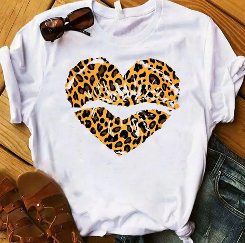 

Leopard Heart Lip Print T Shirt Women Short Sleeve O Neck Loose Tshirt 2020 Summer Women Tee Shirt Tops Camisetas Mujer