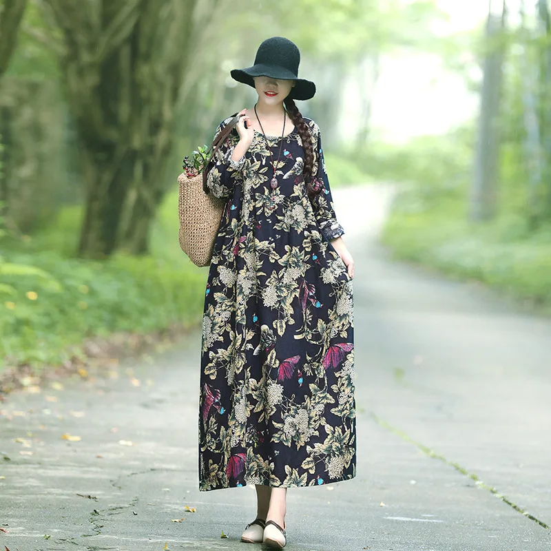 

Spring New Style 2019 Retro Cotton Linen Large Size Dress National Wind Printed Loose-Fit Slimming Long-sleeved Dress Women's