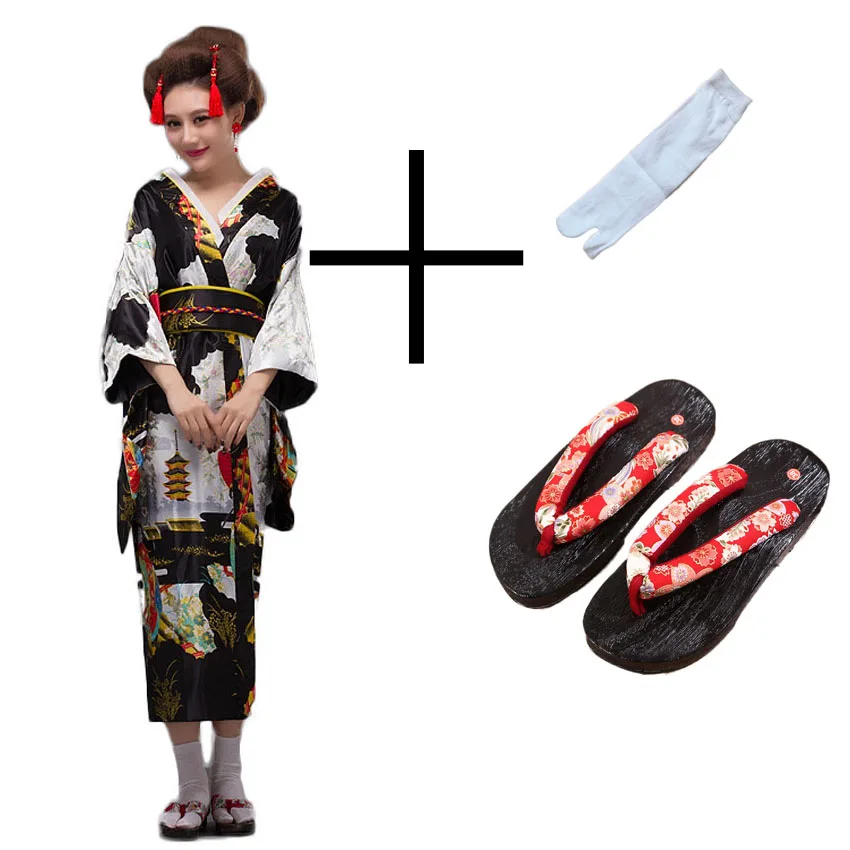 Асаин женские японские традиционные костюмы кимоно деревянные гэта Сабо атласная Роскошная сценическая одежда для выступлений танцевальная одежда юката