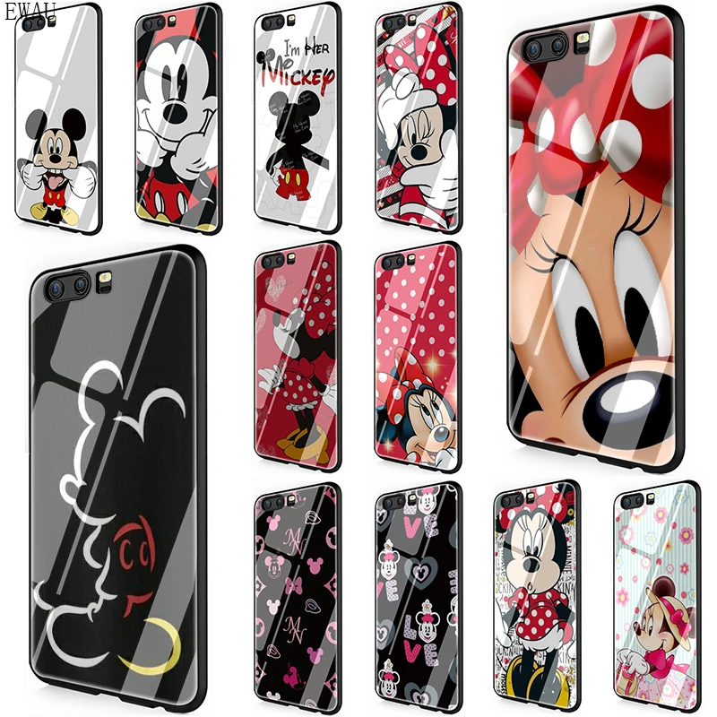 

EWAU Cute Mickey Minnie Mouse Tempered Glass phone case for Huawei Y6 Y9 Mate 20 Honor 7A 8X 9 10 Lite Pro